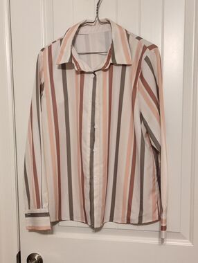 Womens Striped Button-Up Shirt in Cream, Peach & Brown